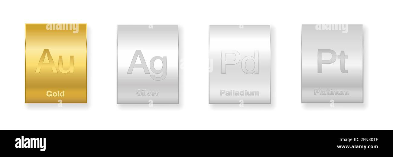 Gold-, Silber-, Platin- und Palladiumbarren. Vier Edelmetalle, chemische Elemente mit hohem wirtschaftlichen Wert - Abbildung auf weißem Hintergrund. Stockfoto