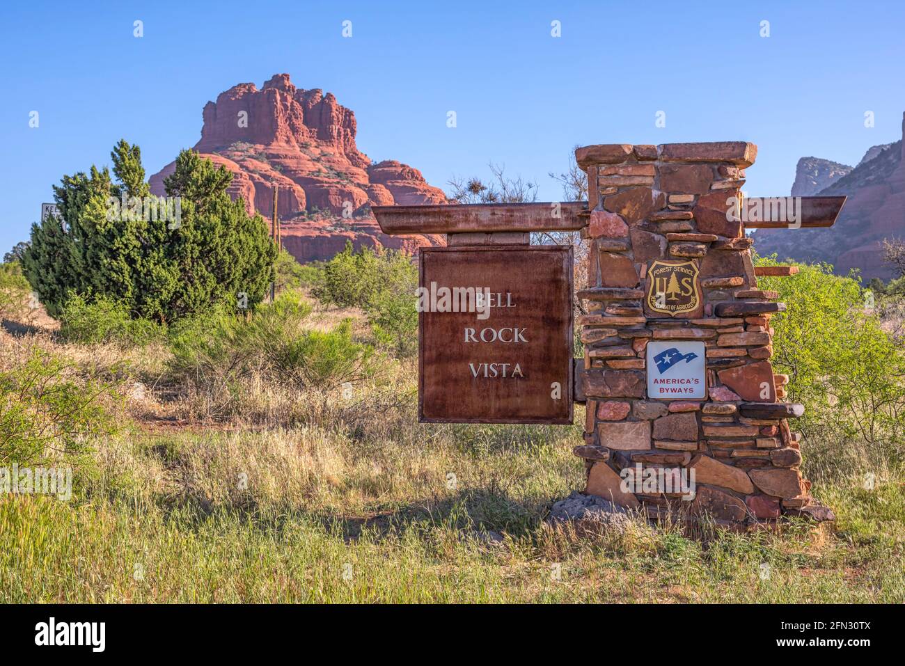 Bell Rock Vista Schild an einem Frühlingsmorgen. Sedona, Arizona, USA. Stockfoto
