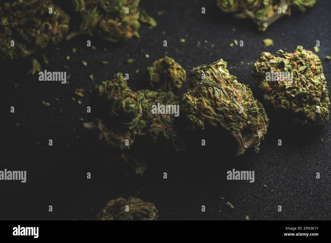 Makro-Nahaufnahme Porträt von Sweet Island Cannabis Marihuana trockene Knospen, selektiver Fokus Stockfoto