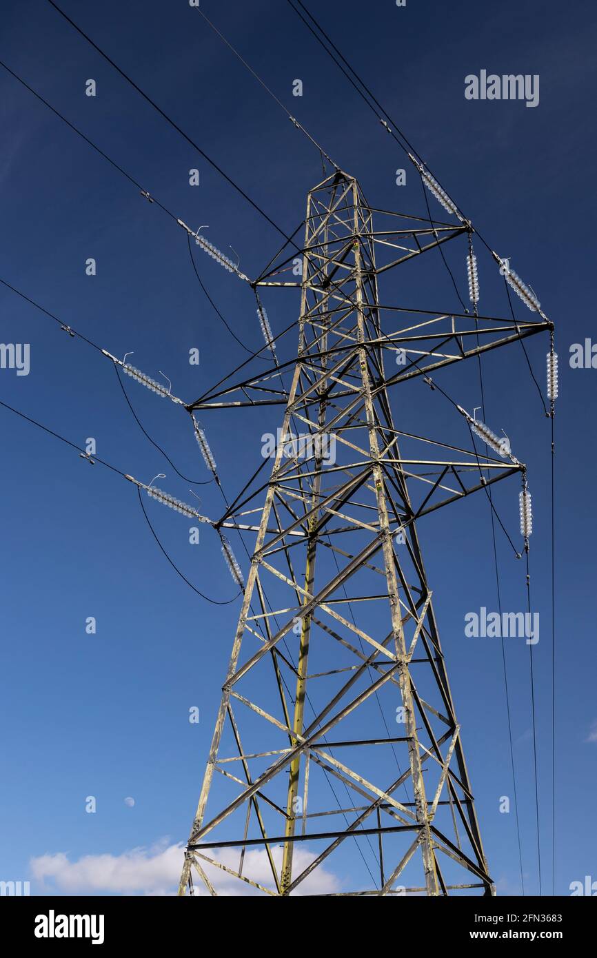 Hochspannungsmast im Sonnenlicht Stockfoto