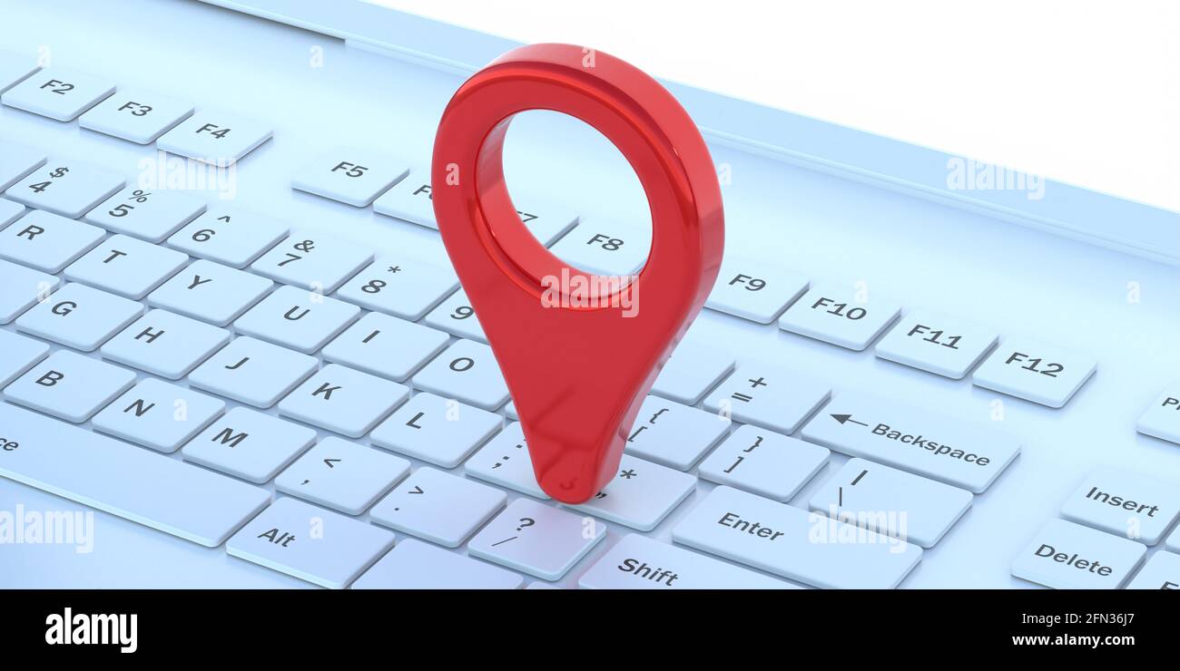 Online-Karten, gps-Navigationskonzept. Position des Kartenzeigers auf einer weißen Laptop-Tastatur des Computers. 3d-Illustration Stockfoto