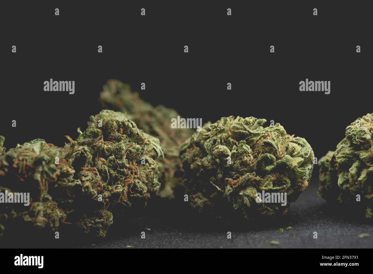 Makro-Nahaufnahme Porträt von Amnesia Cannabis Marijuana trockene Knospen, selektiver Fokus Stockfoto