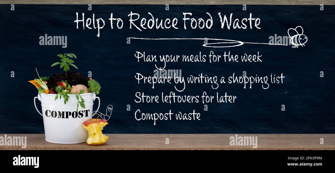 Helfen Sie, Lebensmittelverschwendung zu reduzieren, Wege zur Reduzierung von Lebensmittelverschwendung auf Tafel planen Mahlzeiten eine Einkaufsliste zu speichern Reste Kompost Eimer und Illustration Stockfoto