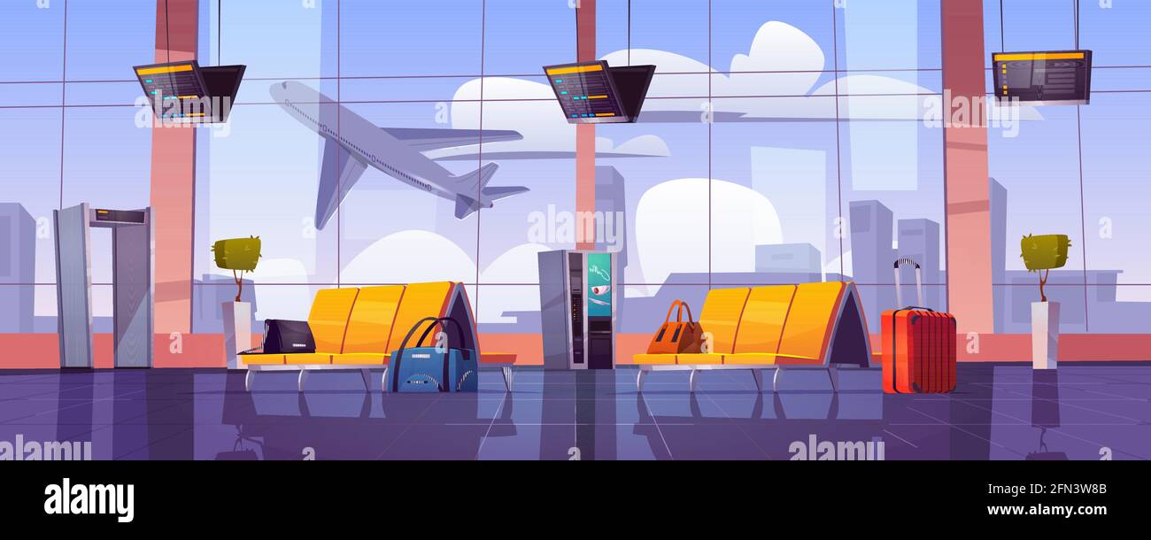 Wartezimmer am Flughafen mit Blick auf das Startfenster des Flugzeugs. Leerer Innenraum des Terminals mit Stühlen, Gepäck, Sicherheitsscanner und Zeitplananzeige. Abflugbereich, Cartoon-Vektor-Illustration Stock Vektor