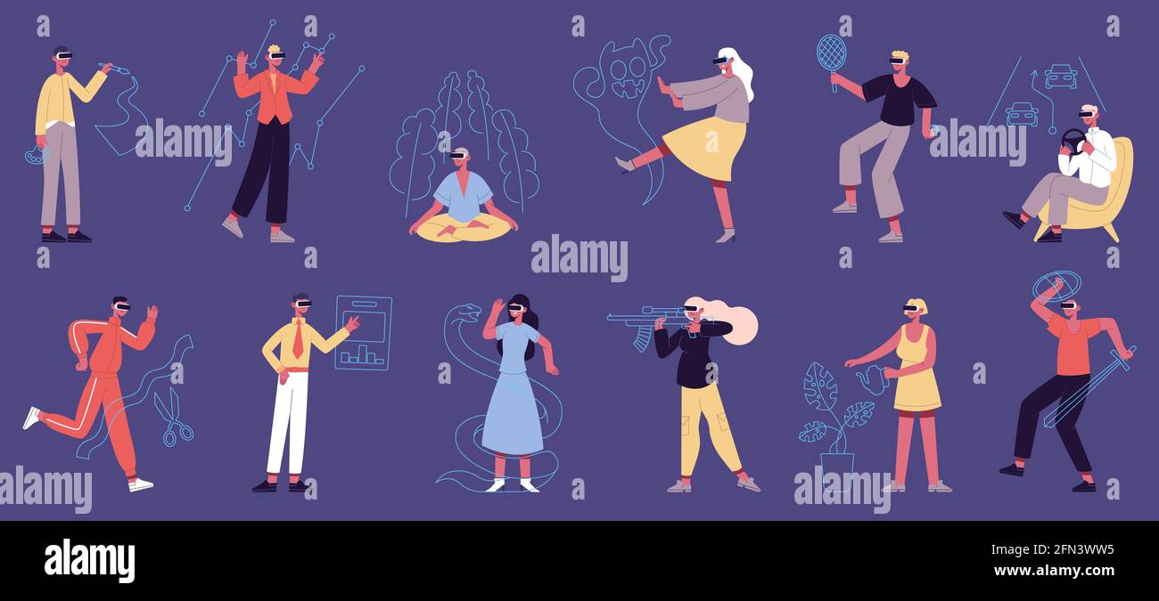 Menschen in der virtuellen Realität. Männliche und weibliche Charaktere in vr Headset spielen, lernen und erstellen Vektor-Illustration-Set. Virtuelle Augmented Reality Stock Vektor