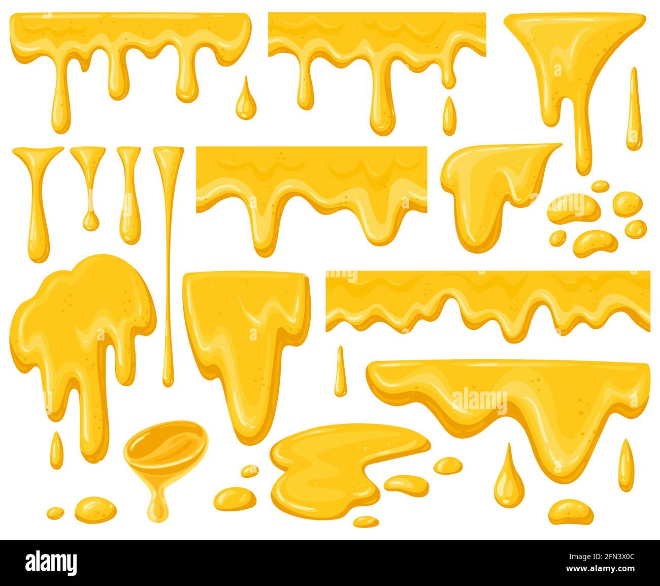 Cartoon Honig tropft. Tropfender, goldener, köstlicher Honig fließt, gelbe, natürliche Süßigkeiten spritzt und Honig-Sirup-Tropfen Vektorgrafik-Set. Honigflüssigkeit Stock Vektor