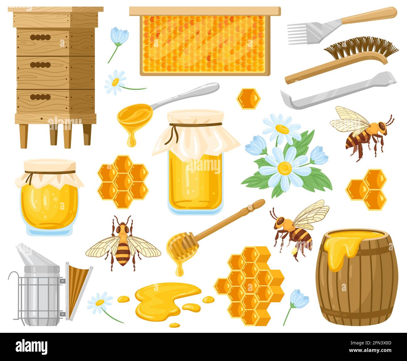 Cartoon-Honig. Bienenzuchtelemente, Waben, Bienenstock, Bienen und Honig in Glas isoliert Vektor-Illustration-Set. Natürliche Süßigkeiten, Honig Symbole Stock Vektor