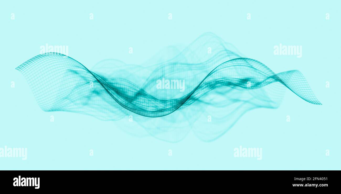 Schwebende Schallwellen oder Audiowellen, Visualisierung als abstrakte Drahtgitterstruktur auf helltürkisfarbenem Hintergrund, Wissenschafts- oder Forschungskonzept Stockfoto