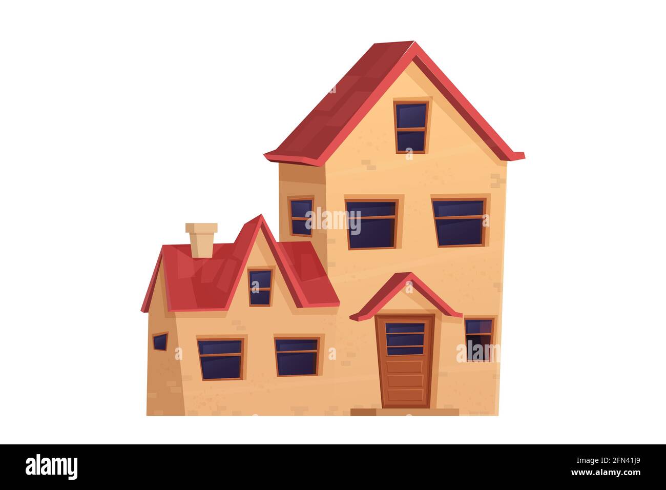 Detaillierte niedliche Haus, Vorstadthaus im Cartoon-Stil isoliert auf weißem Hintergrund. Vorderansicht mit Fenstern, Tür, Dach. Wohnheim, schönes pla Stock Vektor