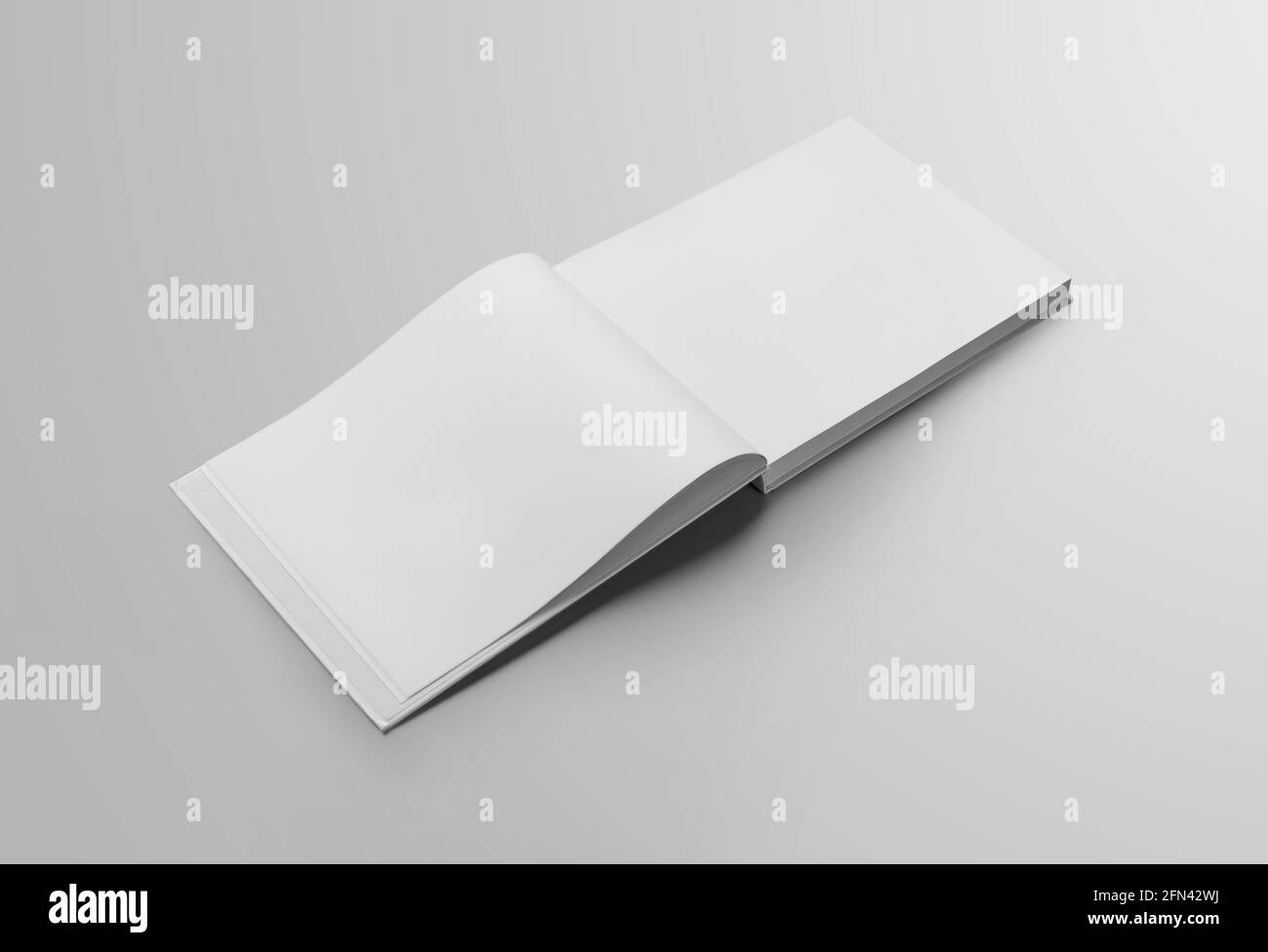 Die Landschaftsvorlage eines offenen Buches, mit umgedrehten Seiten, mit realistischen Schatten, für die Präsentation des Designs. Nachbau eines Standard-Business Objects Stockfoto