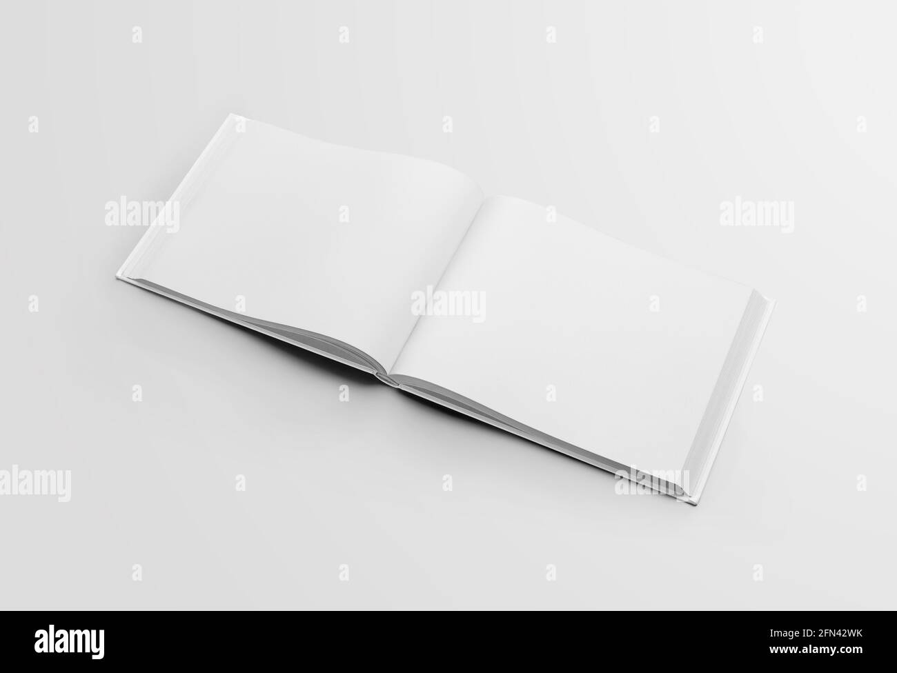 Mockup leeres offenes Buch in der Mitte, mit realistischen Schatten, ein Standardobjekt zum Lesen, für die Präsentation von Design, Werbung. Hardcover Stockfoto