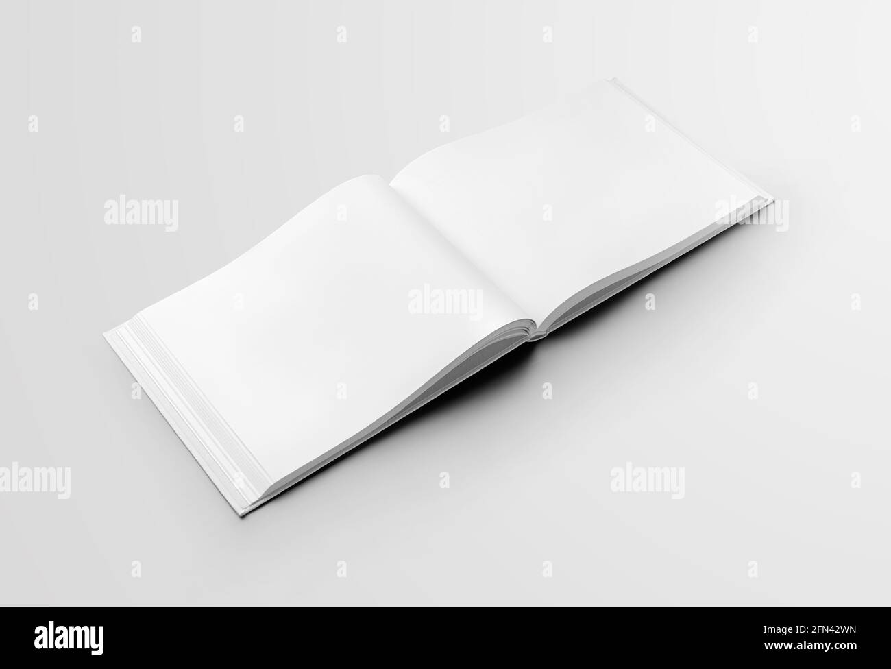 Schablone eines offenen weißen Buches in der Mitte, Standard diagonales Hardcover-Objekt, isoliert auf dem Hintergrund. Erstellen Sie ein Modell für leere Seiten im Querformatformat für Stockfoto