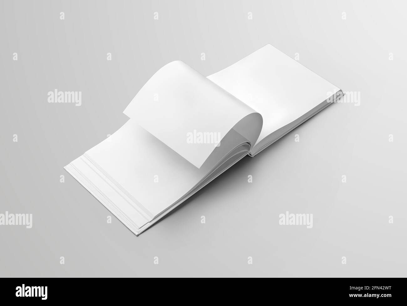 Nachbau eines leeren, offenen Buches mit Seitenumdrehung für die Präsentationsgestaltung im offenen Landschaftsformat. Hardcover Objekt Vorlage mit realistischen lesen Stockfoto