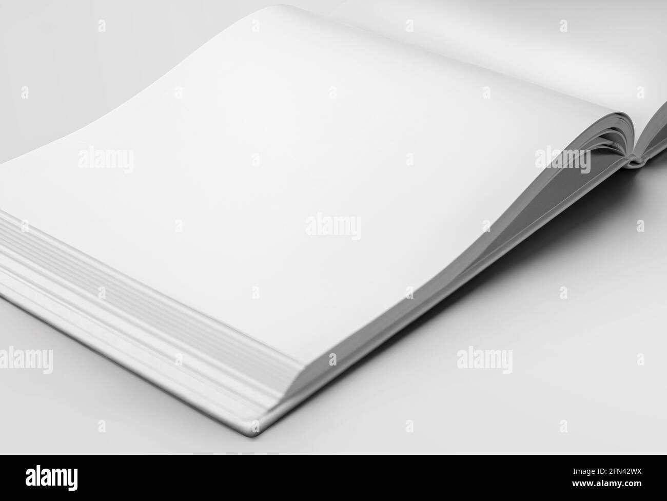 Nachbildung einer weißen leeren Seite eines Buches mit offener Ausrichtung im Landschaftsbild, mit realistischen Schatten, für die Designpräsentation. Hardcover liest Objektvorlage Stockfoto