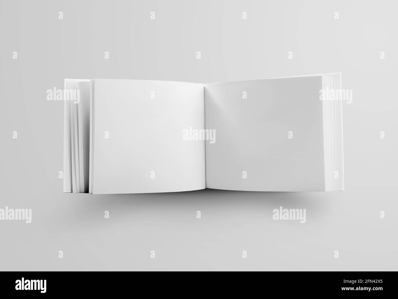 Vorlage eines weißen Buches Landschaftsausrichtung, stehend und offen in der Mitte, ein Standardobjekt für die Präsentation von Design und Muster. Modell Stockfoto