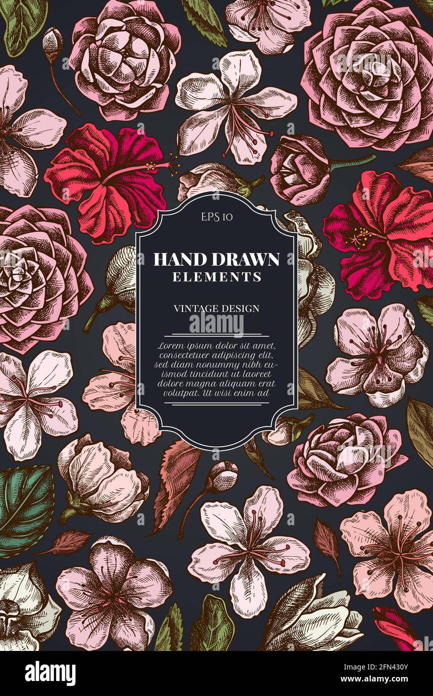 Kartendesign auf dunklem Hintergrund mit Hibiskus, Pflaumenblüten, Pfirsichblüten, Sakura-Blumen, Magnolienblüten, camellia japonica Stock Vektor