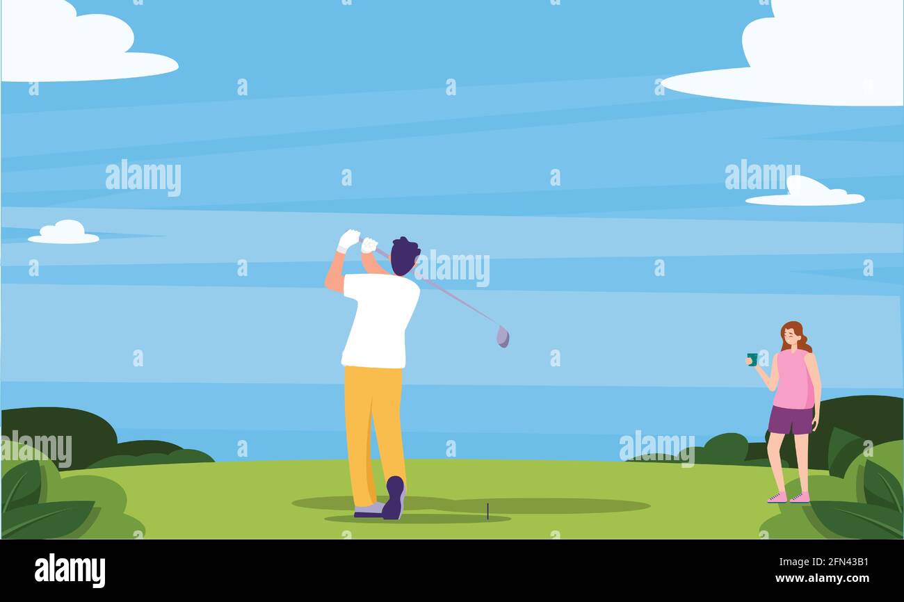 Das Paar spielt Golf im Garten Stock Vektor