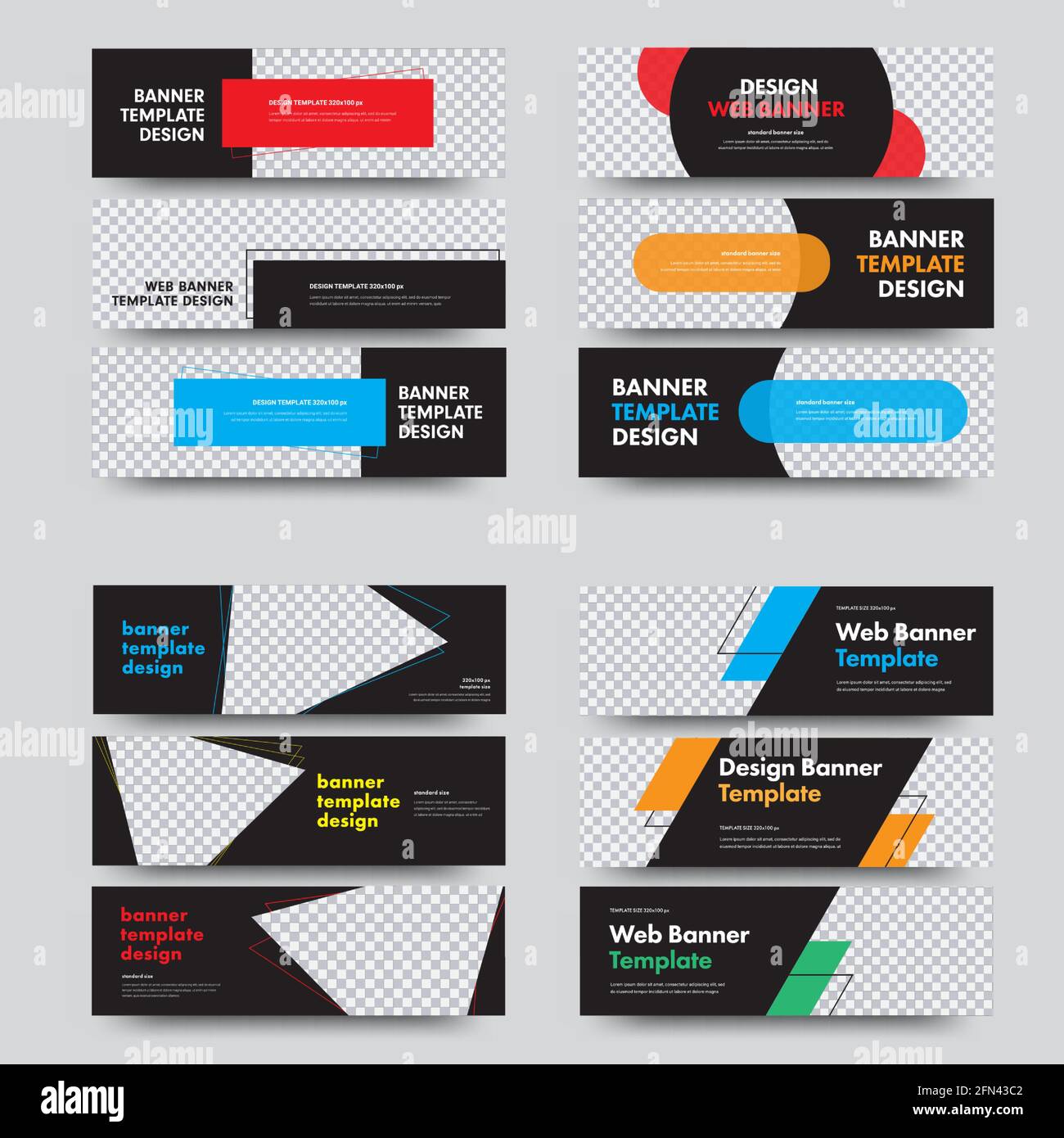 Set von horizontalen Vektor-Webbannern mit Platz für Fotos und verschiedenen geometrischen Formen und Designelementen. Vorlagen in Standardgröße. Stock Vektor