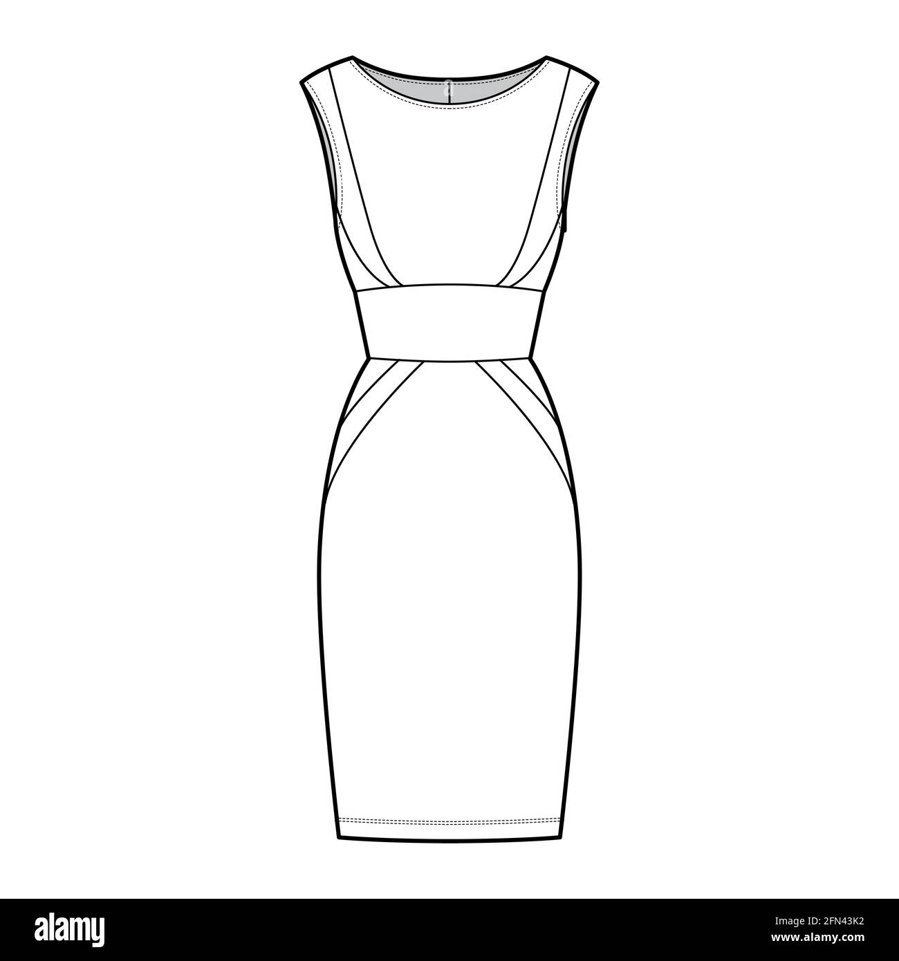 Kleid Panel Rohr technische Mode Illustration mit Sanduhr Silhouette, ärmellos, körperbetonte Körper, knielangen Rock. Flatwear Front, weiß in Farbe. Frauen, Männer, Unisex-CAD-Modell Stock Vektor