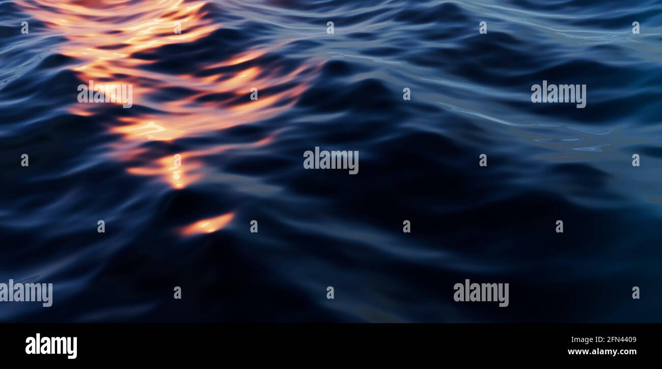 Sonnenblendung auf der dunklen Wasseroberfläche. Abstrakter Hintergrund. 3D-Illustration Stockfoto
