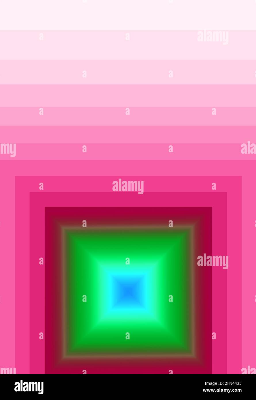 Lebendiges grünes 3D-Quadrat mit mehreren Schichten im Farbverlauf Magentarot Rahmen Stockfoto