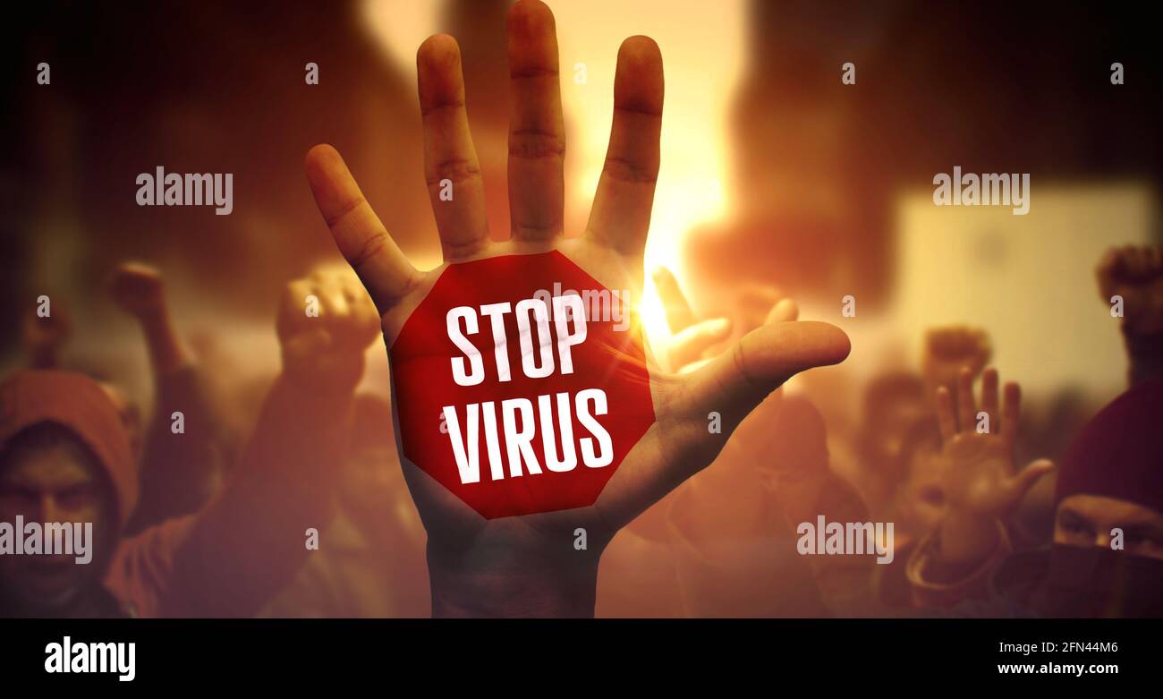 Stoppen Sie Virus. Protestieren und für ihre Rechte kämpfen. Nahaufnahme der erhöhten Handfläche. Stockfoto