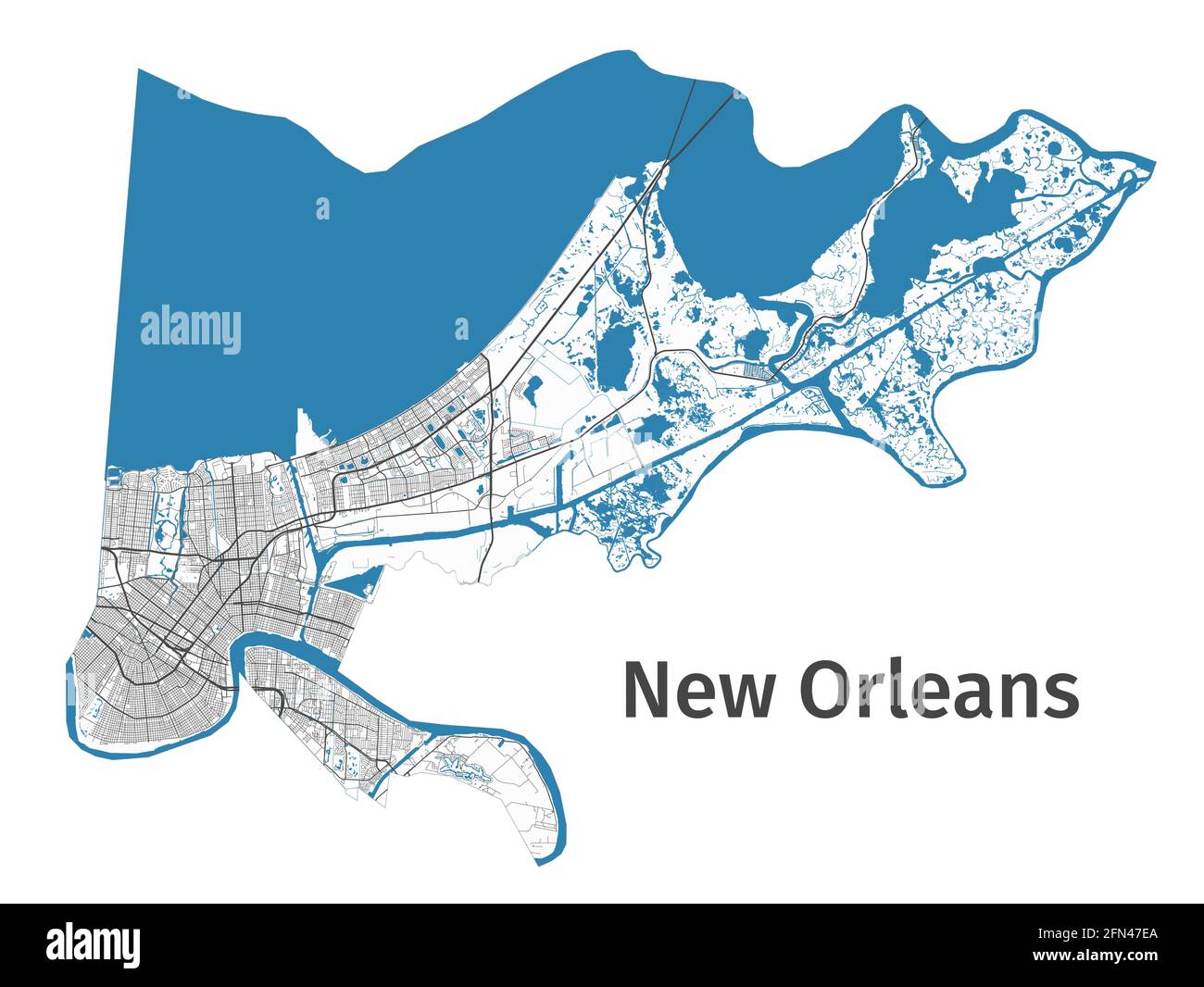 Karte von New Orleans. Detaillierte Karte des Verwaltungsgebiets der Stadt New Orleans. Stadtbild-Panorama. Lizenzfreie Vektorgrafik. Übersichtskarte mit Autobahnen Stock Vektor