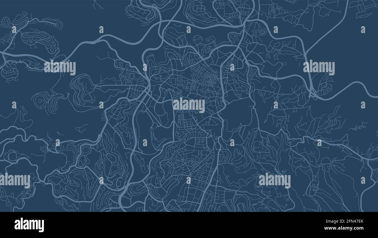 Dunkelblaue Jerusalem Stadtgebiet Vektor Hintergrundkarte, Straßen und Wasser Kartographie Illustration. Breitbild-Proportion, digitale Flat-Design-Streetmap. Stock Vektor