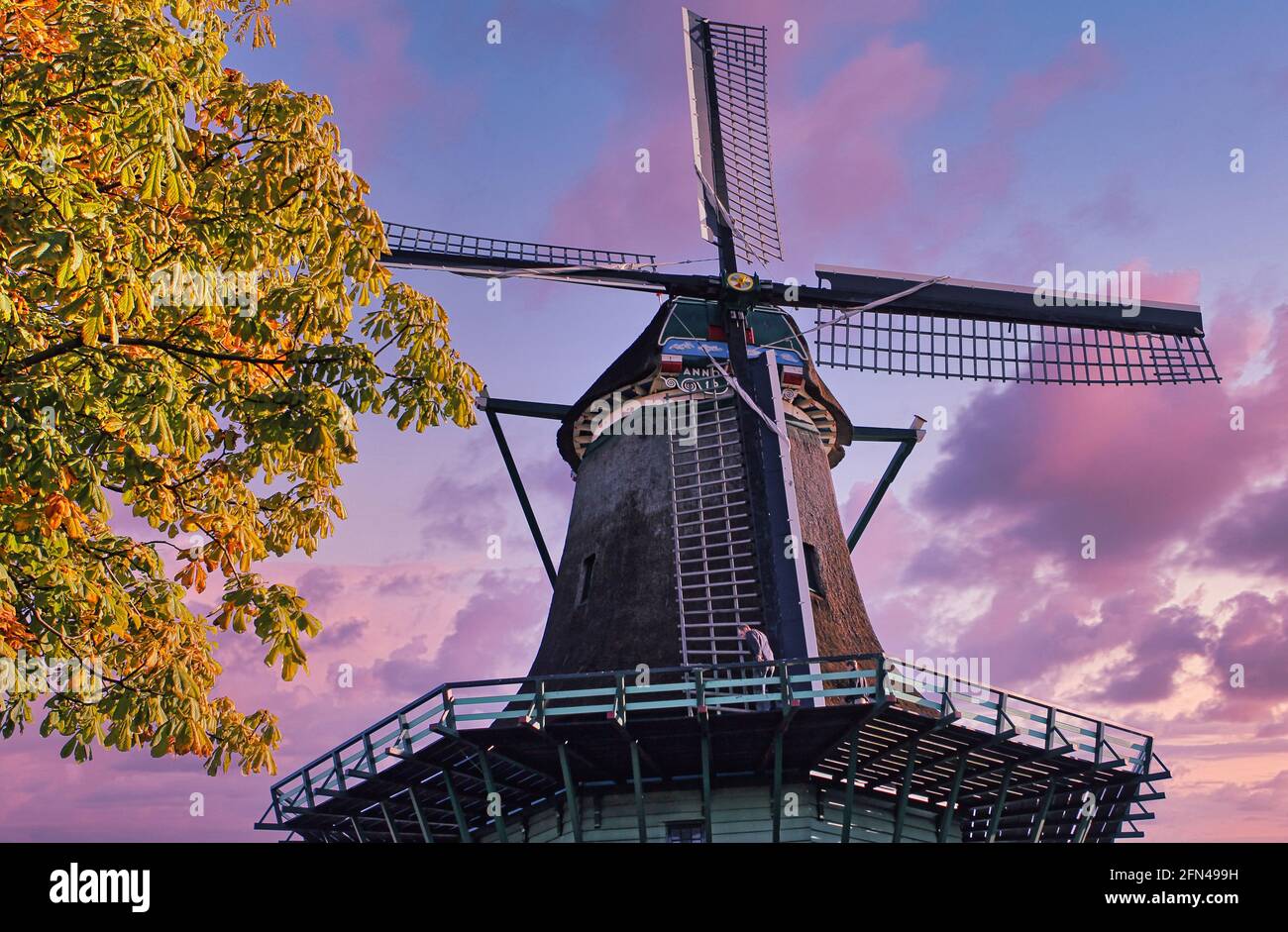Große Windmühle von unten gesehen während eines wunderschönen violetten Sonnenuntergangs. Traditionelle niederländische Windmühle in den Niederlanden. Stockfoto