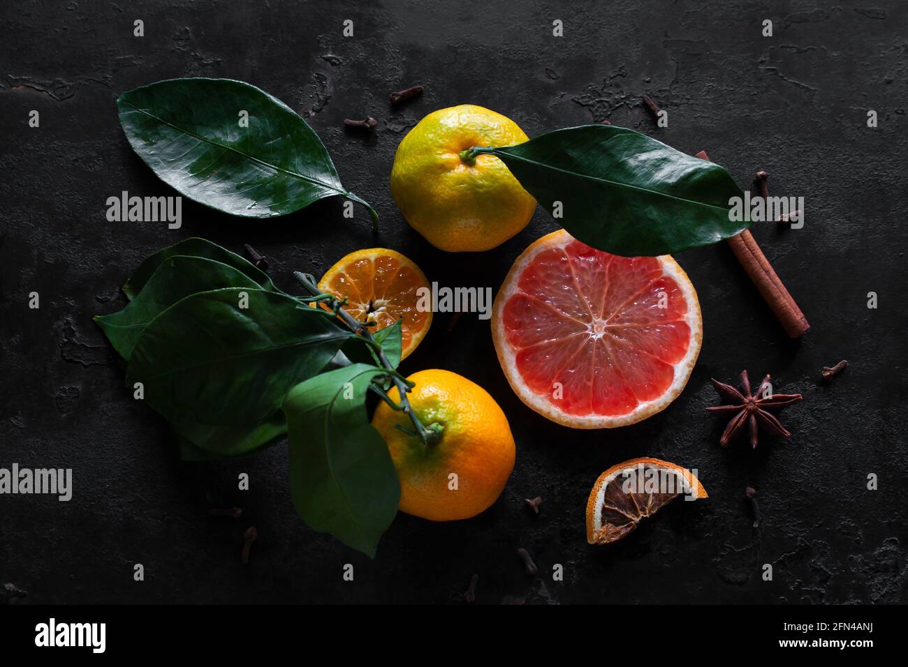 Frische und trockene Zitrusfrüchte mit Gewürzen auf schwarzem Hintergrund, Stärkung des Immunitätskonzepts Stockfoto