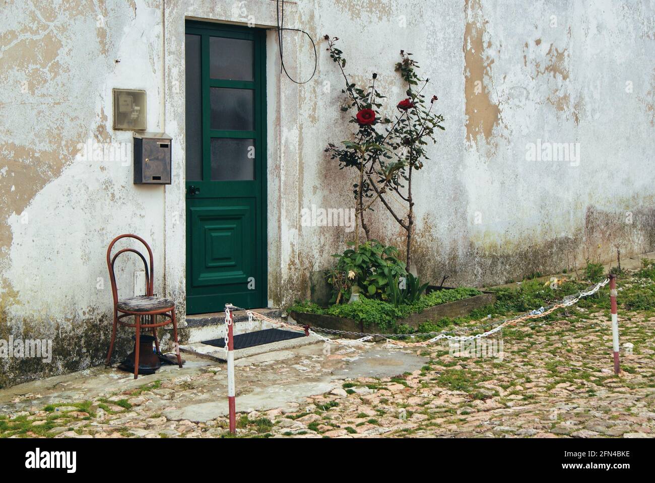 Rustikaler Eingang eines armen und alten Hauses. Eine einfache grüne Tür, eine Rosenpflanze und ein Stuhl. Malerische Szene eines alten Landes. Stockfoto