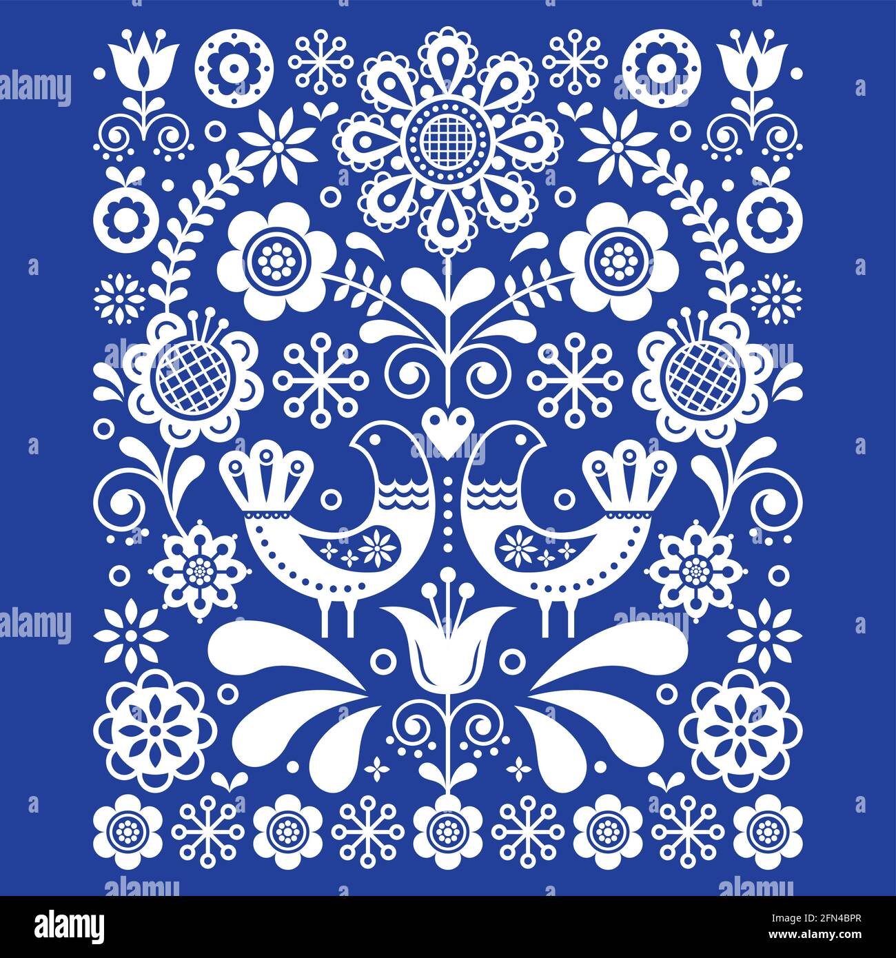 Skandinavische niedliche Volkskunst Vektor Dekoration mit Vögeln und Blumen, skandinavisches Blumenmuster in weiß auf marineblau Stock Vektor