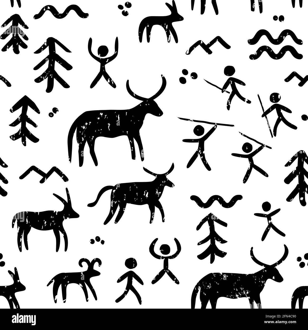 Höhlenmalereien vektorieren nahtlose Muster, Schwarz-Weiß-Hintergrund repetitiven von prähistorischen Kunst mit Höhlenmenschen Jagd Tiere inspiriert Stock Vektor