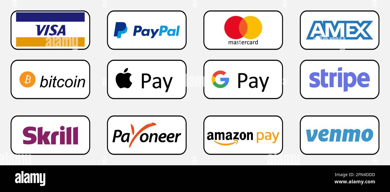VINNYZJA, UKRAINE - MAI 13 2021. Satz verschiedener Zahlungssysteme. Zahlungsmethode und Option oder Kanal zum Geldtransfer. Vektorgrafik im flachen Stil Stock Vektor