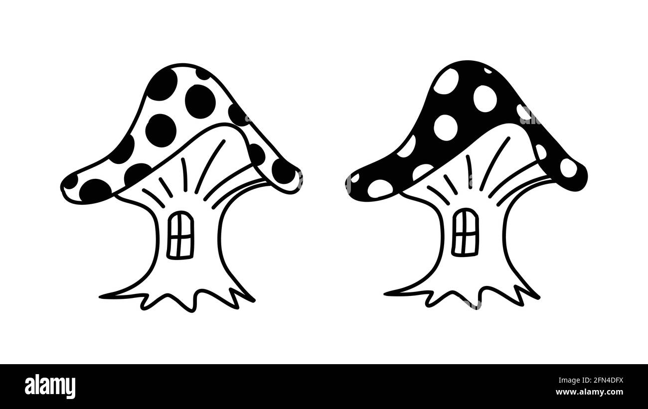 Feenpilz mit Polka-Dot-Hut und Fenster, Haus in Form von Pilz fliegen agaric, schwarz und weiß handgezeichneten Doodle Vektor-Illustration Stock Vektor