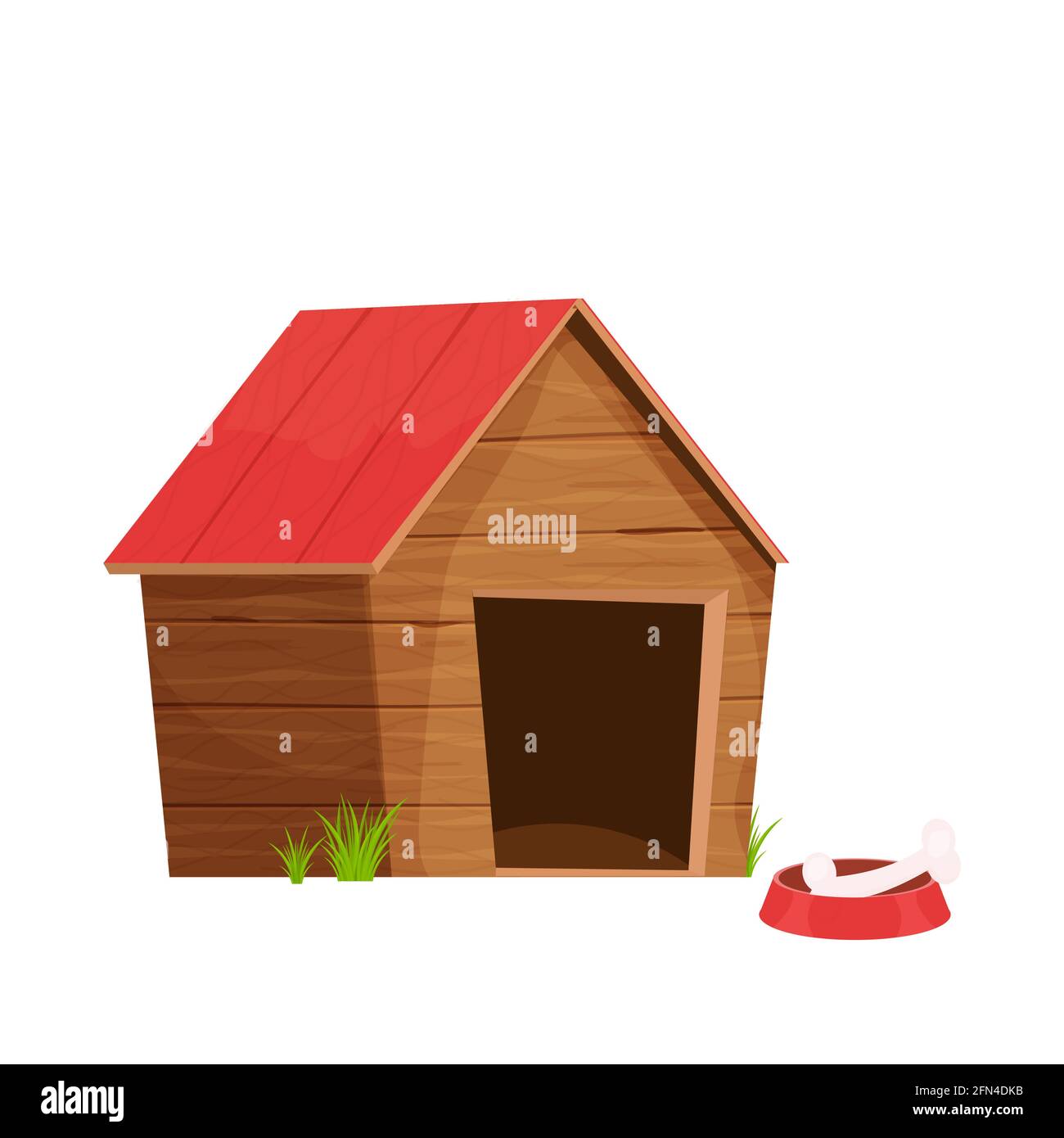 Lustige hundehütte, hölzerne Zwinger im Cartoon-Stil isoliert auf weißem Hintergrund. Komische kindliche Konstruktion mit Dach und Schale mit Knochen. Vektorgrafik Stock Vektor