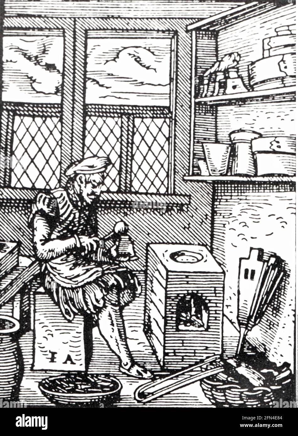 Technik, Typografie, Schriftgründer, Holzschnitt, Klassenbuch von Jost Amman, 1568, ZUSÄTZLICHE-RIGHTS-CLEARANCE-INFO-NOT-AVAILABLE Stockfoto