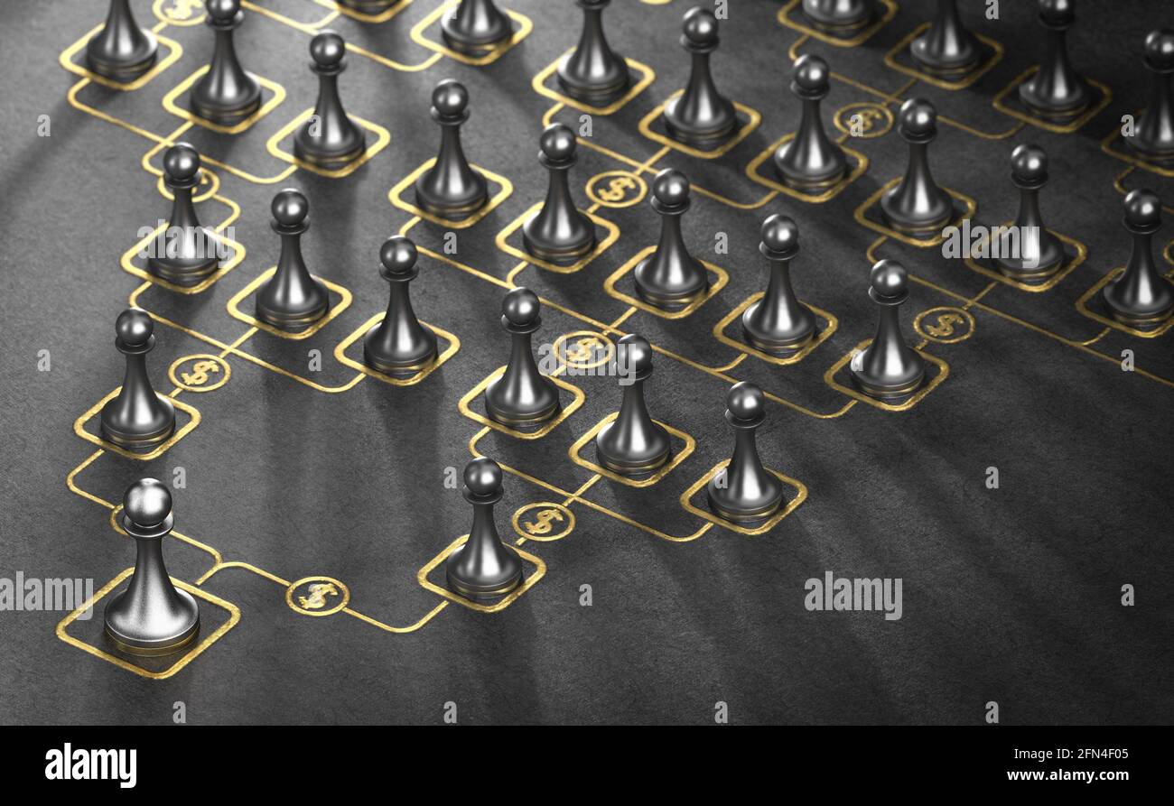 3D-Darstellung vieler Bauern und goldener Hierarchiediagramm auf schwarzem Hintergrund. MLM, Multi Level Marketing sheme Konzept. Stockfoto