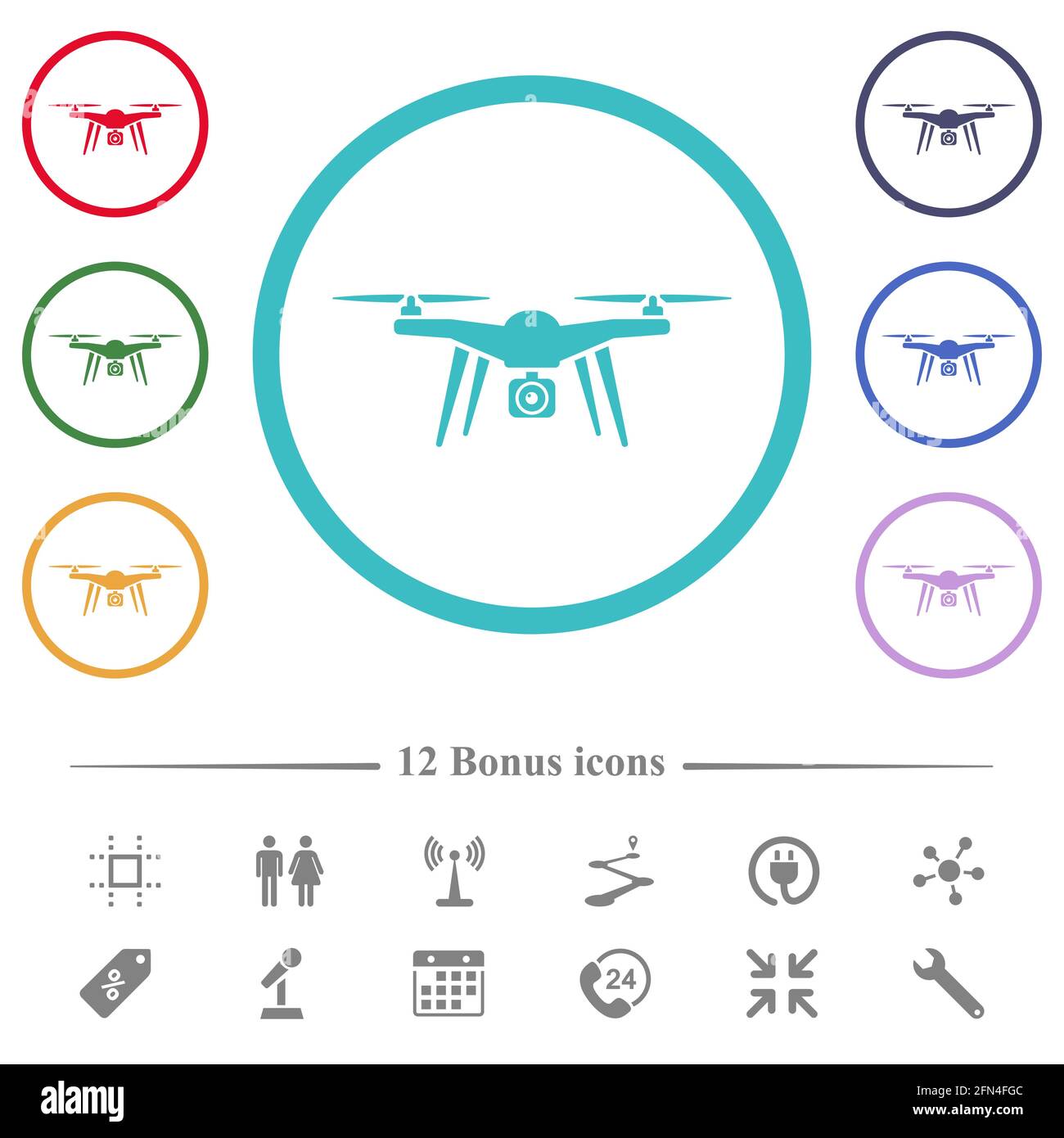 Drohne Quadcopter flache Farbsymbole in kreisförmigen Umrissen. 12 Bonus-Symbole enthalten. Stock Vektor