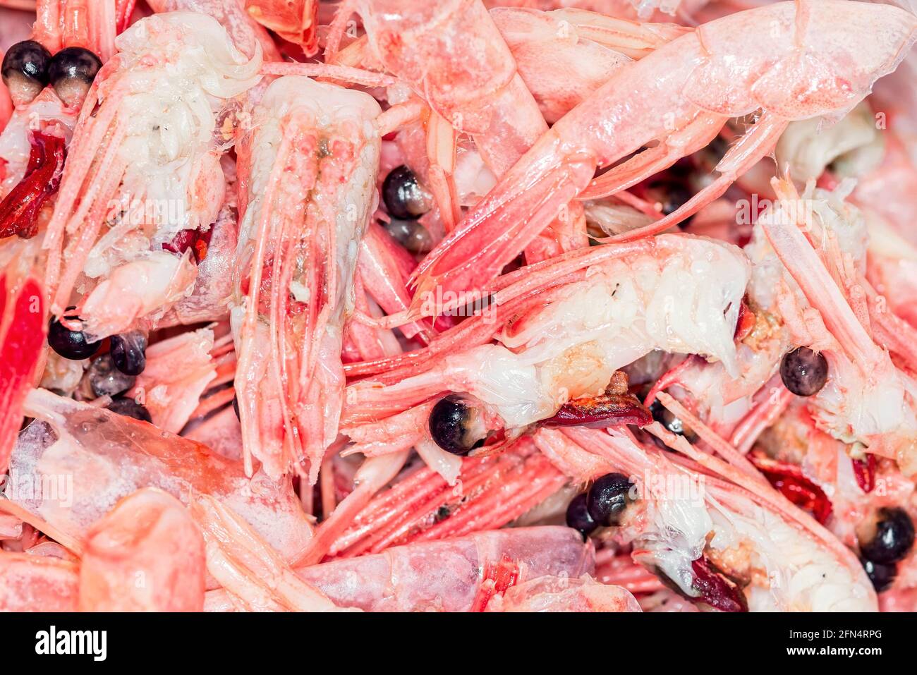 Garnelenköpfe und Muscheln. Textur der Reste. Stockfoto