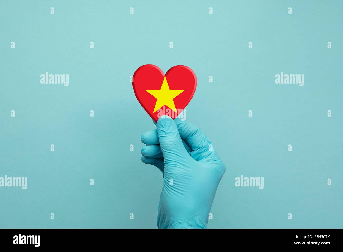 Hände mit schützenden chirurgischen Handschuhen, die das Herz der Vietnam-Flagge halten Stockfoto