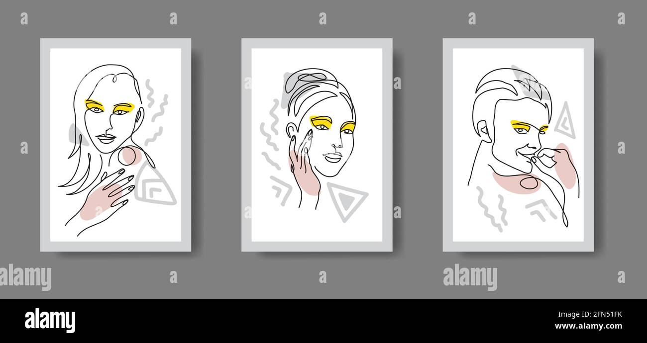 Gesicht eine Zeile Kunst. Mädchen, Frau, weibliche Porträts. Minimalistisches Vektor-Symbol von Menschen mit Farbflecken. Für Schönheitssalon, Spa-Wanddekoration, Poster, Broschüre Stock Vektor