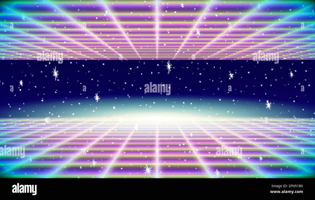 Retro neon Hintergrund mit 80s Laser Raster und Sterne Stil Stock Vektor
