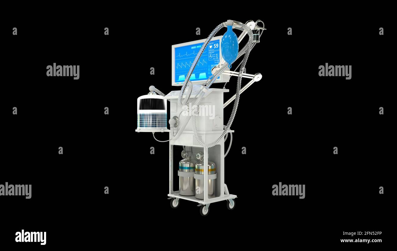 Medizinische 3d-Darstellung, IS covid Ventilator 3d Rendering isoliert auf Schwarz Stockfoto