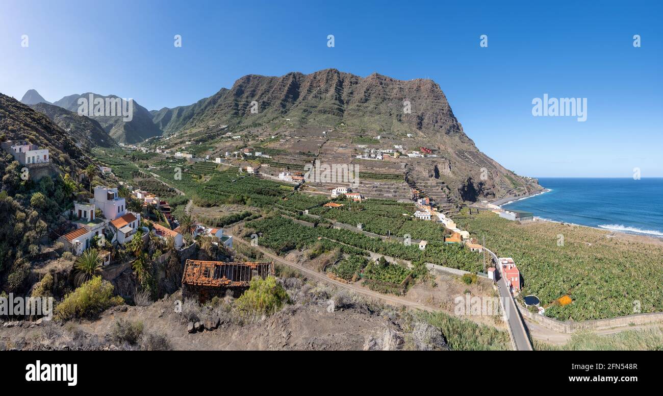 Hermigua, Insel La Gomera - Unteres Tal mit Bananenplantagen Stockfoto