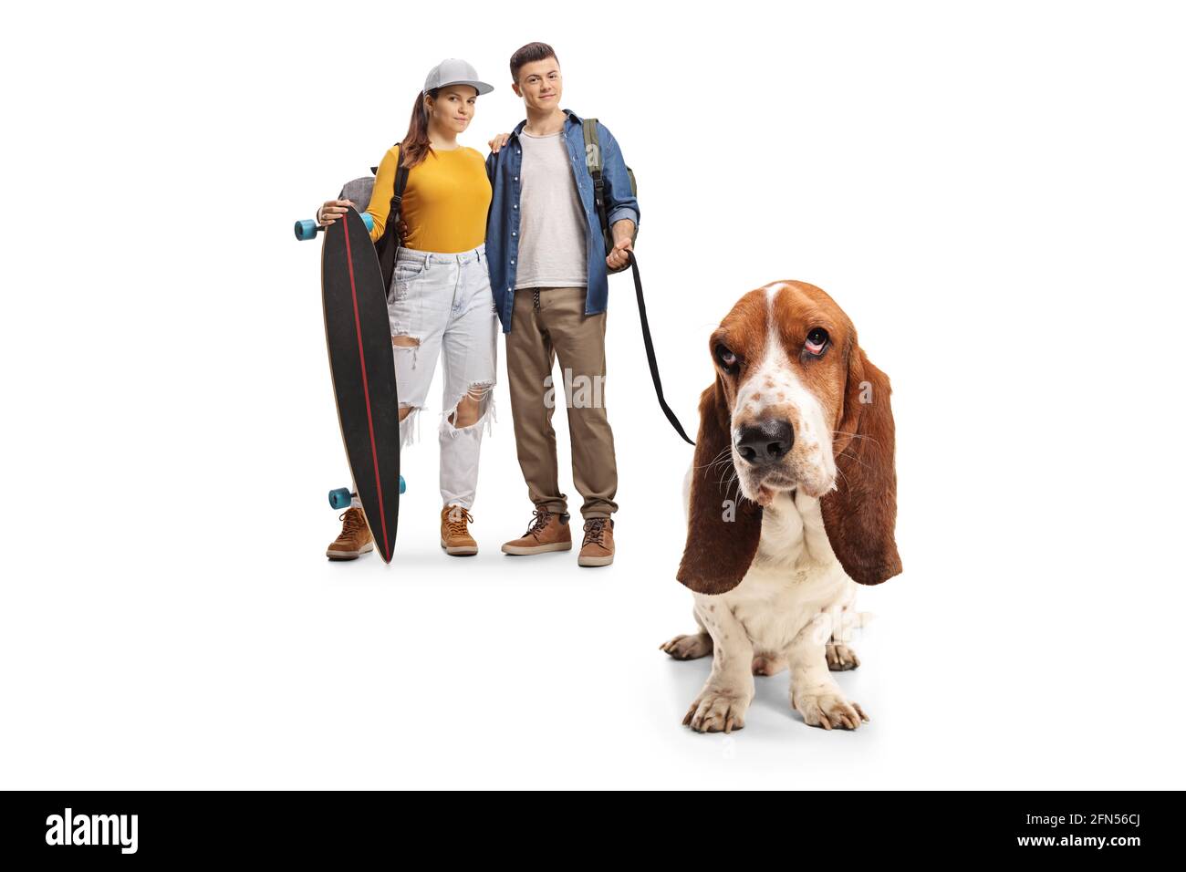 Skater Mädchen und ein Kerl mit einem Basset Hund Auf einem Kabel, isoliert  auf weißem Hintergrund Stockfotografie - Alamy
