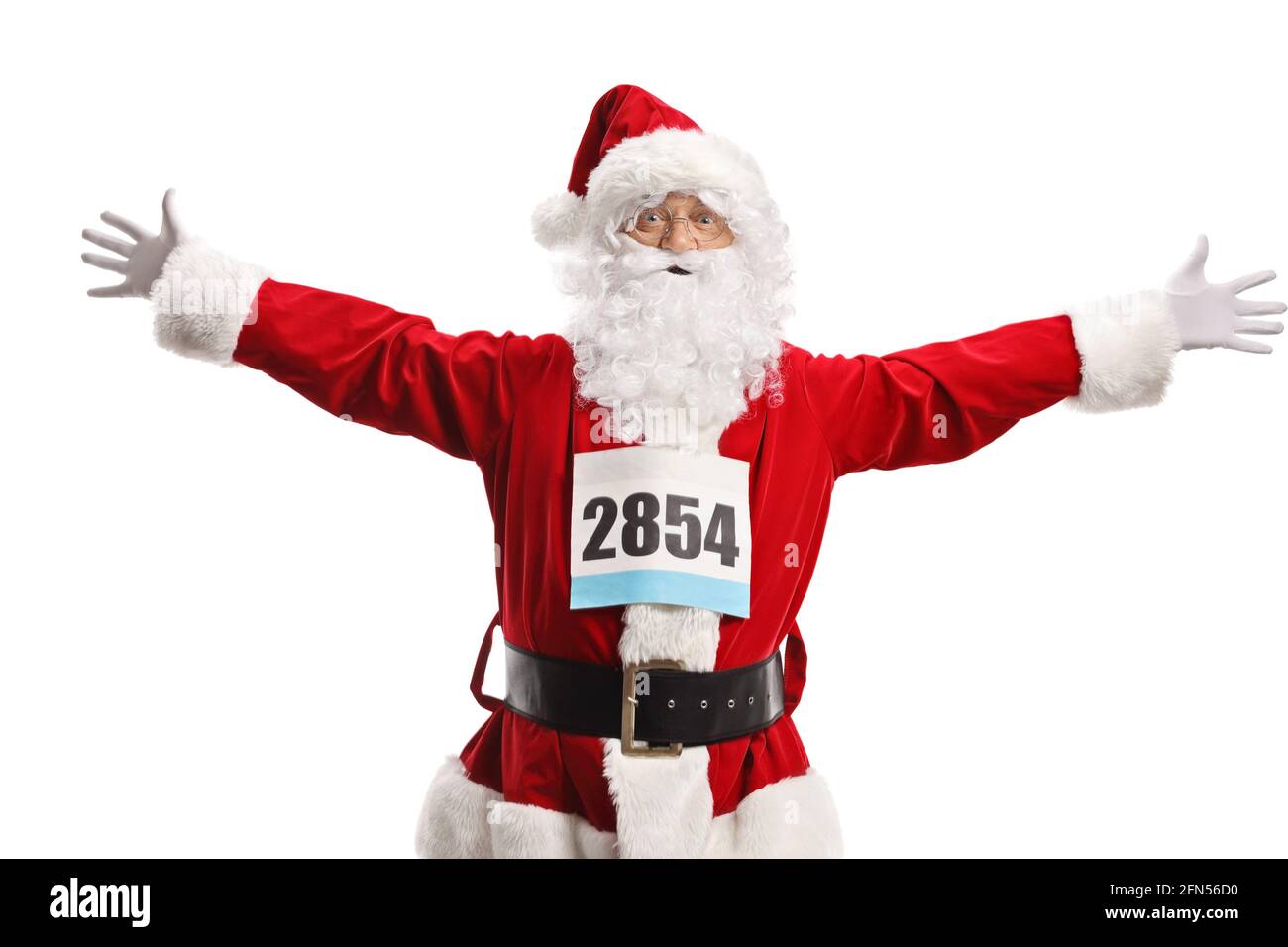 Santa Claus läuft einen Marathon isoliert auf weißem Hintergrund Stockfoto