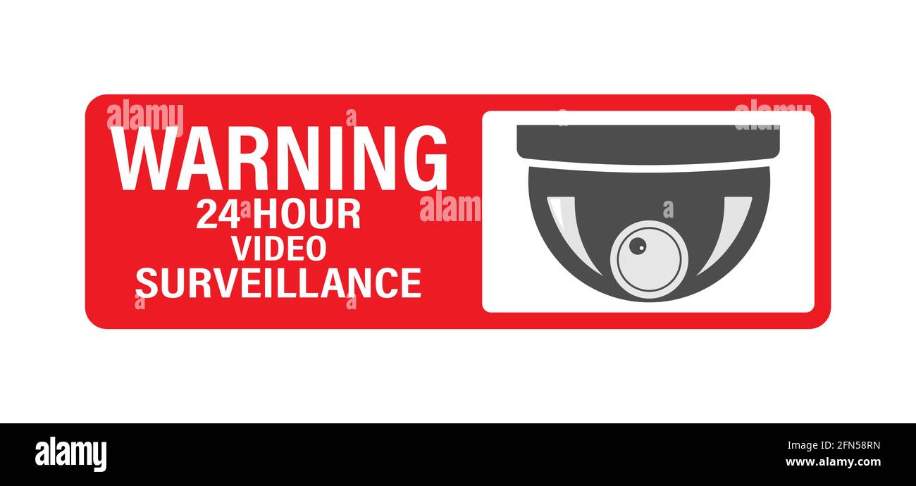 WARNUNG 24 Stunden Videoüberwachung. Vector Videoüberwachungsschild mit der Aufschrift. Leere Umrisse, flacher Stil. Stock Vektor