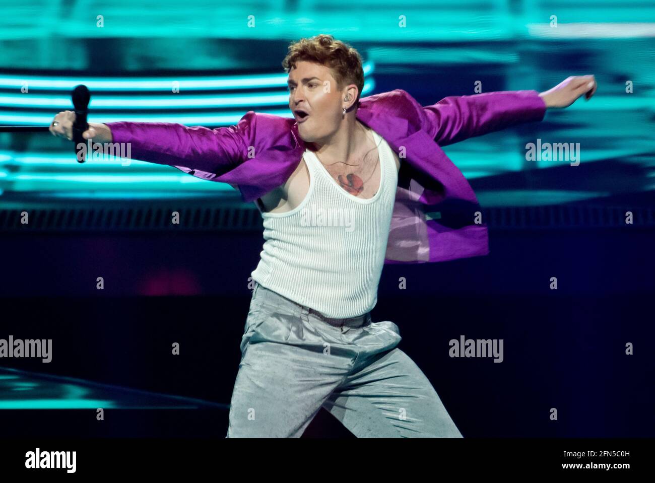 Rotterdam, Niederlande. Mai 2021. FYR & Flamme (Jesper Groth, Laurits Emanuel), die Dänemark mit dem Song Ove os pa hinanden bei der Probe des Eurovision Song Contest 2021 vertreten. Kredit: nearchos/Alamy Live Nachrichten Stockfoto