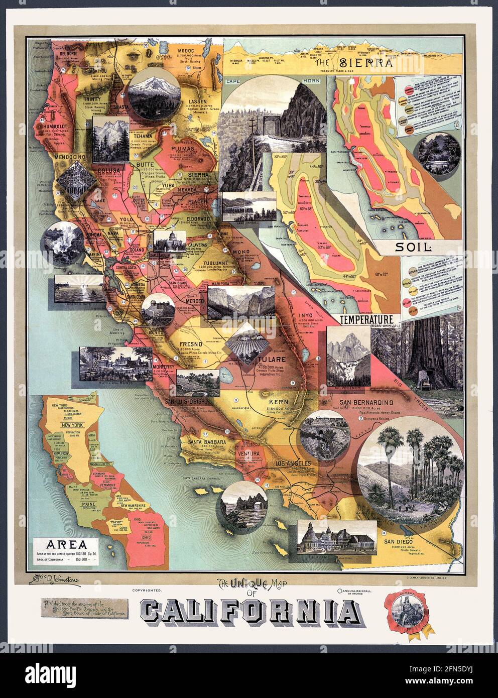 Die alte kalifornische Karte, die 1890 veröffentlicht wurde und von einer Eisenbahn gesponsert wurde, gibt interessante Fakten. Insert Maps enthält Informationen, darunter eine, die die relative Größe von Kalifornien im Vergleich zu anderen Staaten zeigt. Ein anderer zeigt einen Querschnitt der Sierra Nevada Mountains und die Erhebung einiger Gipfel. Vignetten zeigen klassische kalifornische Bilder. Stockfoto